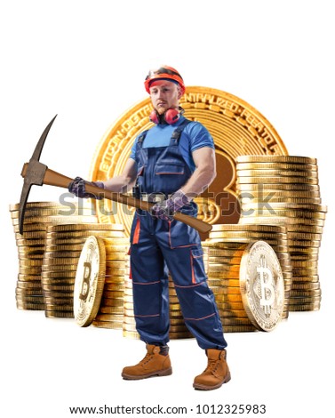 Miner man posing with a golden bitcoin stacks of coins on a background. Virtual cryptocurrency concept. Bitcoin mining.