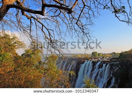 Livingstone - Zambia / July 2017: view of Victoria Falls  at Zambia side, one of most iconic African natural landmarks. 