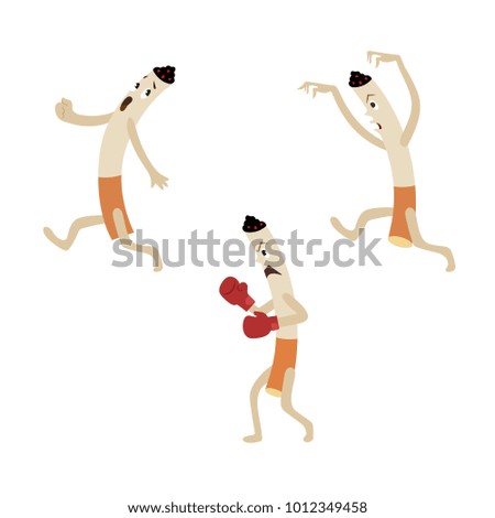 Vector flat huge evil cigarette monster characters set. One in boxing gloves ready to fight, another running away, and chasing for victim. nicotine addiction smoking risk Isolated illustration