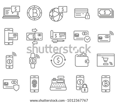 Simple Set of payment method Related Vector Line Icons. Contains such Icons as transfer, payment system, e-Commerce, electronic money, electronic purse, payment card, cash balance and more.  Royalty-Free Stock Photo #1012367767