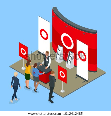 Isometric promotional stands or exhibition stands including display desks shelves and people with products and handout, illustration