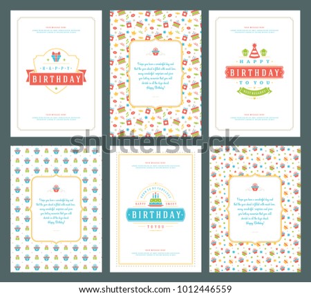 Happy Birthday greeting cards typographic design set vector illustration. Vintage birthday badge or label with wish message and pattern backgrounds.