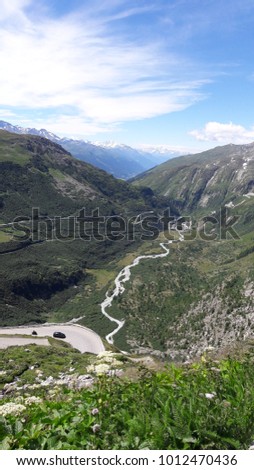 View from Furka Pass in the Swiss Alps. Picture taken in summer