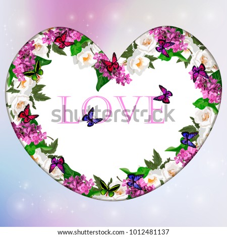 Valentines day heart with syringa and rose flower. Vector illustration. Wallpaper, flyers, invitation, posters, brochure, banners.