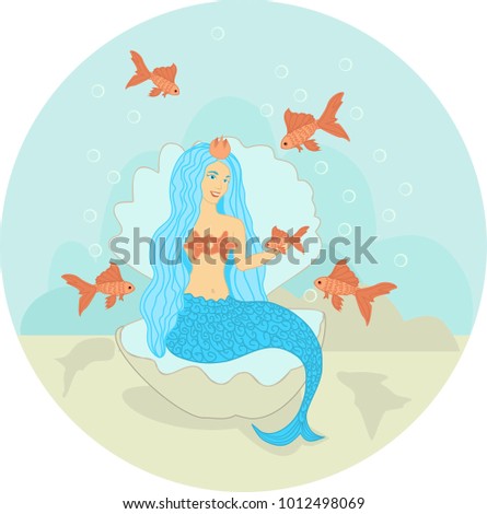 The mermaid sits in a shell under water. Siren. Sea theme. Vector illustration. EPS 10