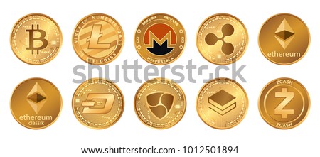 Cryptocurrency logo set - bitcoin, litecoin, ethereum, ethereum classic, monero, ripple, zcash dash stratis nem. Golden coins with Cryptocurrency symbol Royalty-Free Stock Photo #1012501894