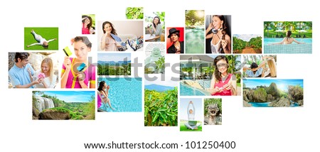 Set of colorful travel photos of nature, people, landmarks and touristic related destinations isolated on white background