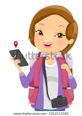 Illustration of a Girl Tourist Carrying a Travel Backpack and a Camera, Checking Out her Location in Her Mobile Phone
