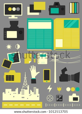 Illustration of Different Journalism Elements from Camera to City and Road Silhouette