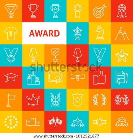 Vector Award Line Icons. Thin Outline Winning Symbols over Colorful Squares.