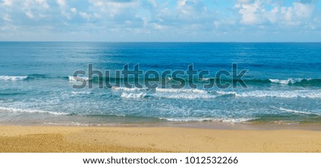 Deserted sandy beach of the Indian Ocean. In the blue sky, picturesque cumulus clouds. Wide photo.