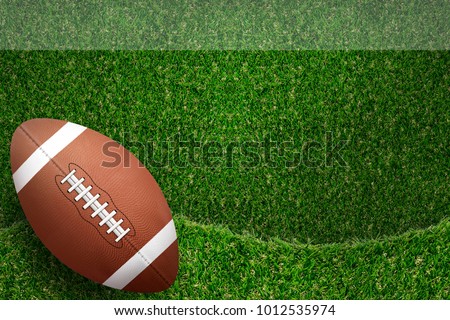 American football ball on green field with green grass curve pattern and texture for background.