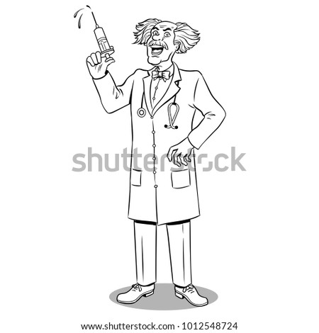 Mad crazy doctor with syringe in his hand coloring raster illustration. Isolated image on white background. Comic book style imitation.