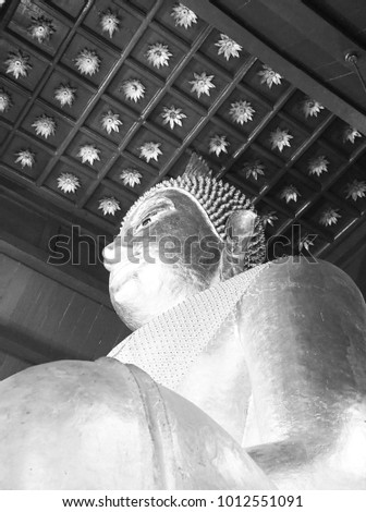 Buddha statue in black and white.