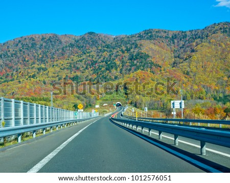 The rural road on Hokkaido expressway in Autumn season.