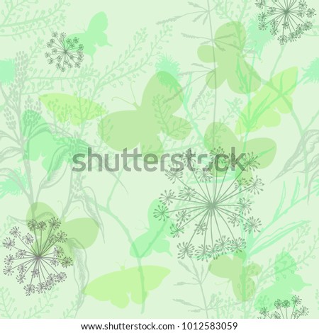 Seamless pattern with wild flowers, herbs and grasses. Floral background with forest aroma and medical plants. Meadows.