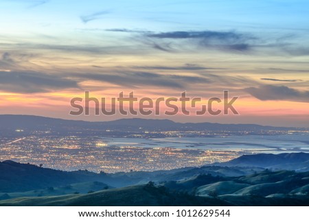 Silicon Valley Views from above. Santa Clara Valley at dusk as seen from Lick Observatory in Mount Hamilton east of San Jose, Santa Clara County, California, USA.