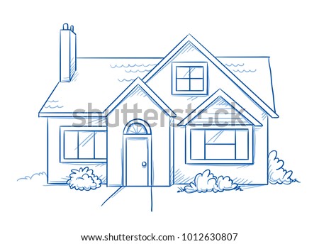Blue colored detached, single family house with garden. Hand drawn line art cartoon vector illustration.