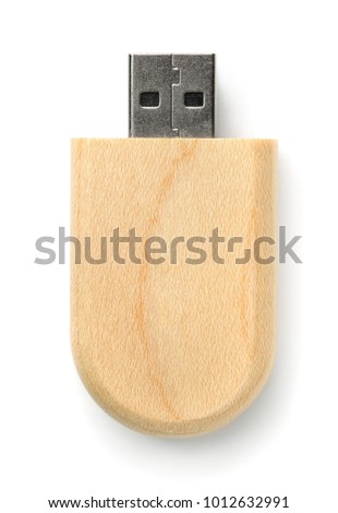 Top view of wooden Usb flash drive isolated on white