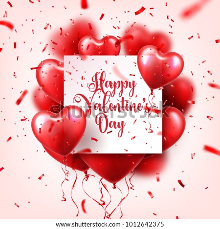 Valentine's day abstract background with red 3d balloons and confetti. Heart shape. February 14, love. Romantic wedding greeting card. Women's, Mother's day.