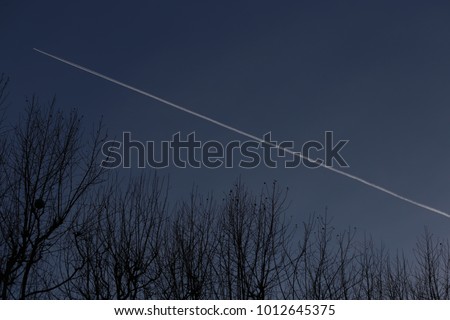 View of an airplane track above top branches silhouettes. Blue sky background. White oblique trace. Abstract figure with a white line and part of leafless trees. Picture taken in the evening.  