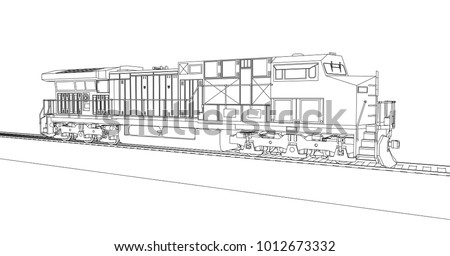 Modern diesel railway locomotive with great power and strength for moving long and heavy railroad train. Vector illustration with outline stroke lines.