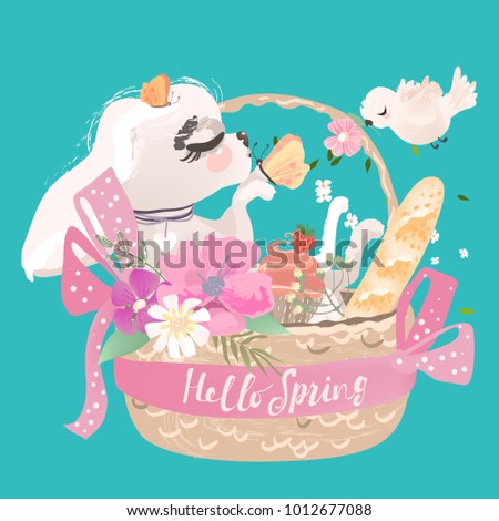 Cute baby dog, puppy. Adorable little girl princess dog in romantic basket with bird. Flowers, butterfly, floral wreath and tied bow. Hello Spring lettering, phrase