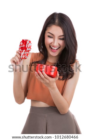 Asian lady with gift box on isolated white background this immage can use for valetines day, valentine, christmas and new year concept