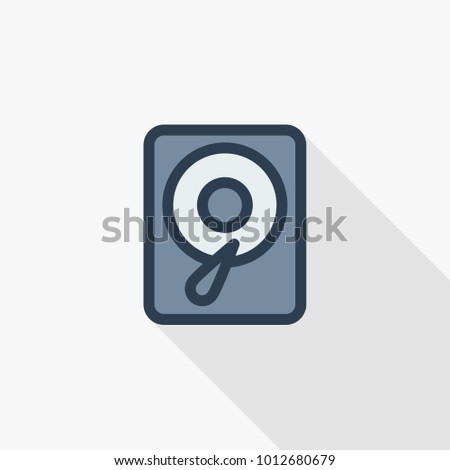 Hard drive thin line flat color icon. Linear vector illustration. Pictogram isolated on white background. Colorful long shadow design.