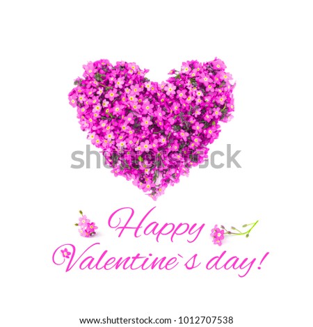 Beautiful greeting card Happy Valentine's Day. Arrangement of small pink flowers in the shape of a heart lying on white background. Top view, Flat lay. Holiday Square Web banner