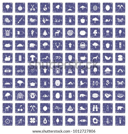 100 camping and nature icons set in grunge style sapphire color isolated on white background vector illustration