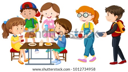 Children having lunch on table illustration