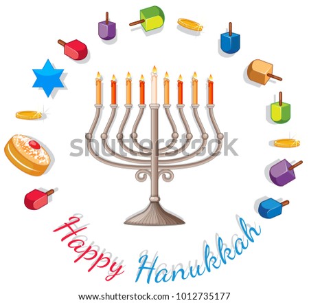 Happy Hanukkah card template with lights and decorations illustration