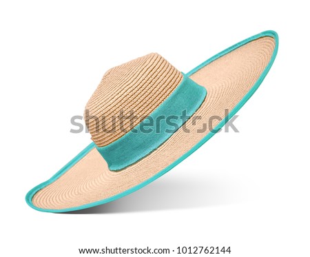 Straw hat with blue ribbon on isolated white background. Elegant hat with wide margins. Royalty-Free Stock Photo #1012762144