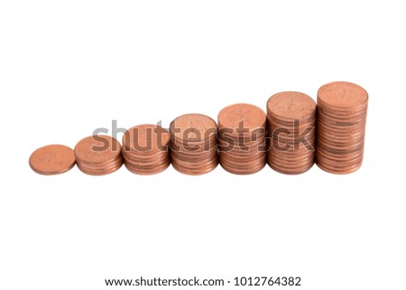 Stacks of copper coins isolated on white background with clipping path