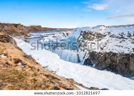 Gullfoss waterfall view and winter Lanscape picture in the winter season, Gullfoss is one of the most popular waterfalls in Iceland and tourist attractions in the canyon of the Hvita river  Iceland