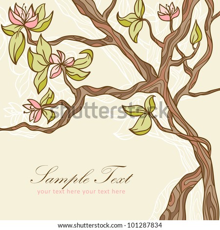 Beautiful blooming tree with leaves and flowers romantic postcard