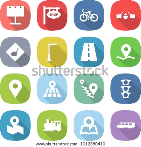 flat vector icon set - billboard vector, shop signboard, bike, drawbridge, under construction, outdoor light, road, geo pin, map, route, traffic, train, speed