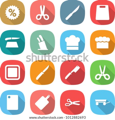 flat vector icon set - percent vector, scissors, scalpel, cutting board, stands for knives, cook hat, chief, knife, chef, trailer