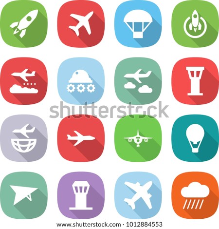 flat vector icon set - rocket vector, plane, parachute, weather management, lunar rover, journey, airport tower, shipping, air ballon, deltaplane, airplane, rain cloud