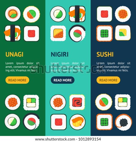 Sushi Asian Food Banner Vecrtical Set Tasty Oriental Cuisine Concept Web Style Design. Vector illustration