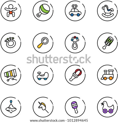 line vector icon set - baby vector, beanbag, car toy, rocking horse, xylophone, train, wirligig, unicorn stick, duck