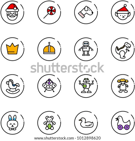 line vector icon set - santa claus vector, lollipop, dog, christmas elf, crown, robot, dinosaur toy, rocking horse, ufo, doll, rabbit, bear, duck