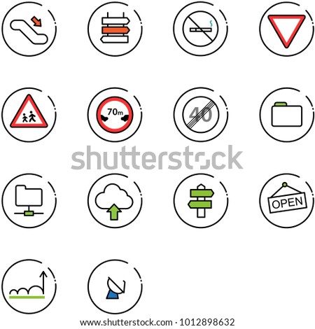 line vector icon set - escalator down vector, sign post, no smoking, giving way road, children, limited distance, end speed limit, folder, network, upload cloud, signpost, open, growth