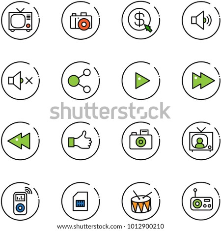 line vector icon set - tv vector, camera, money click, volume medium, off, share, play, fast forward, backward, like, news, music player, sim, drum, radio
