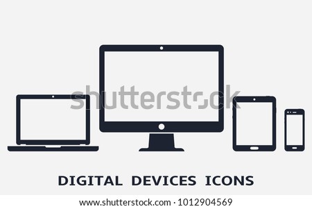 Device icons: smart phone, tablet, laptop and desktop computer. Vector illustration of responsive web design. Royalty-Free Stock Photo #1012904569