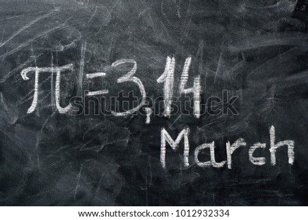 PI day concept. The value of PI and the date written on the blackboard