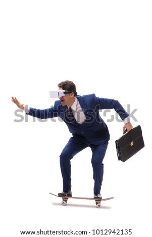 Businessman wearing virtual reality glasses riding skateboard on