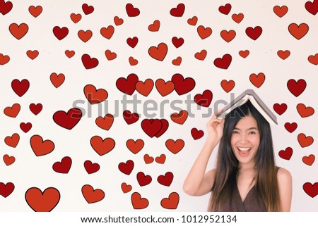 Valentines Day concept- Headshot portrait of a young asian cute woman smiling with red heart illustration doodle icon at the back ground with copy space