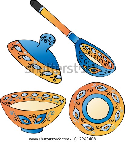 set of dishes in Ukrainian style with ornament